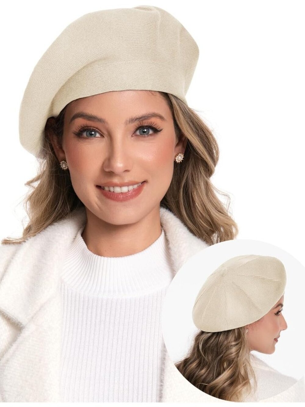 Women's French Style Double Layer Warm and Soft Knitted Beanie Hat Beige